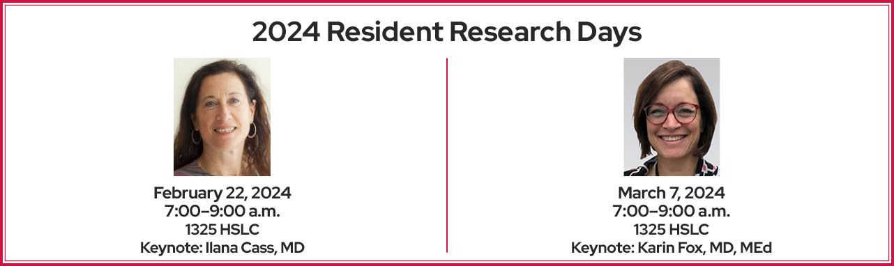 Banner advertising Resident Research Day events on February 22, 2024 and March 7, 2024